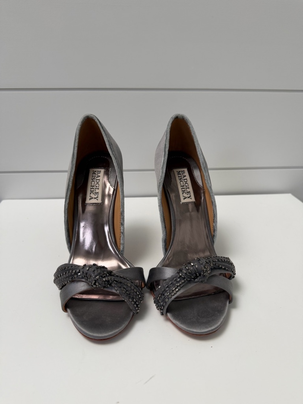 Badgley Mischka SatanSilver Gray Beaded Peep-Toe Heels